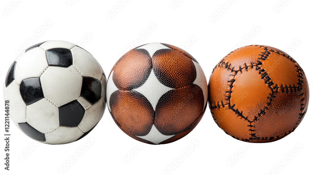 Trio of Sport Balls: A classic soccer ball, a unique patterned ball, and a vintage-style leather ball sit side-by-side, creating a visually appealing composition perfect for sports-themed projects. Trio of Sport Balls: A classic soccer ball, a unique patterned ball, and a vintage-style leather ball sit side-by-side, creating a visually appealing composition perfect for sports-themed projects.