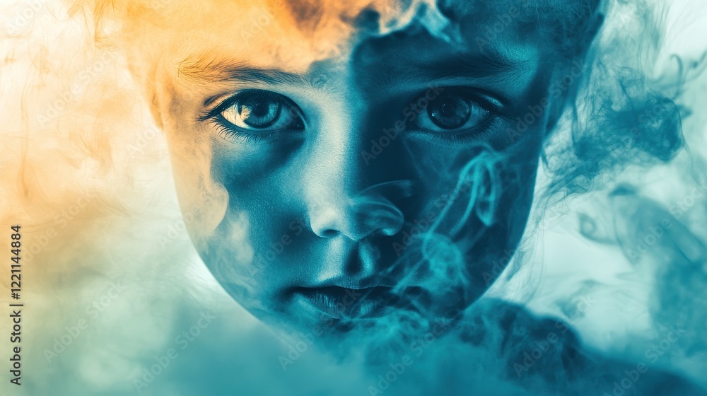 Scary child face in industrial smoke close up focus on copy space haunting vivid hues double exposure silhouette with pollution theme.. Scary child face in industrial smoke close up focus on copy space haunting vivid hues double exposure silhouette with pollution theme..