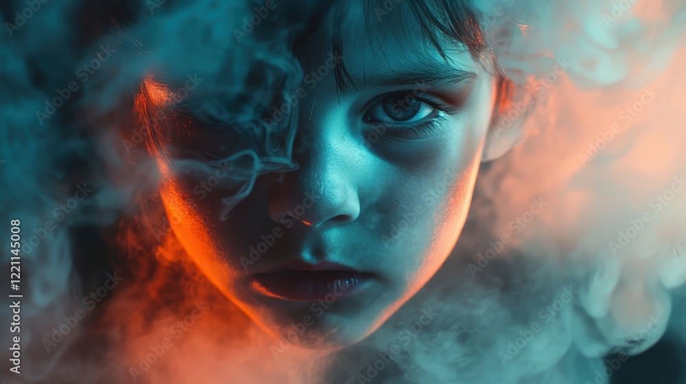 Fototapeta premium Scary child face in industrial smoke close up focus on copy space haunting vivid hues double exposure silhouette with pollution theme..