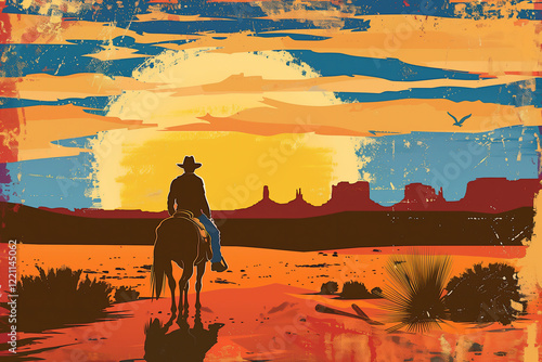 American cowboy outlaw gunslinger in the Wild West frontier of Texas shooting a revolver gun in the style of a vintage distressed painting retro poster, retro USA stock illustration image