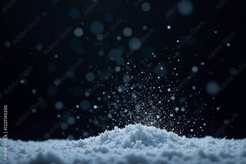Gentle snowfall with powdery particles in the air on a black background, winter, hazy Gentle snowfall with powdery particles in the air on a black background, winter, hazy