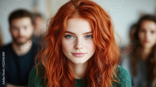 This stunning image showcases a radiant redhead with expressive features and a bright smile, accentuated by a classroom environment filled with engaged peers.