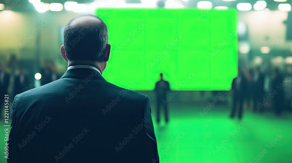 Fototapeta premium Man in Suit Observes Large Green Screen Presentation