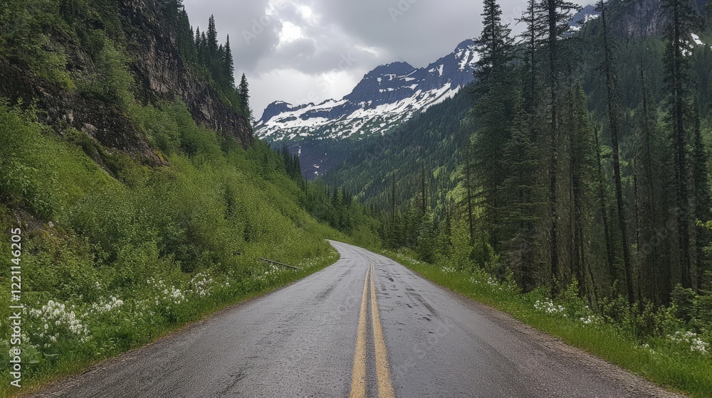 Fototapeta premium Scenic Snow-Covered Road with Towering Peaks