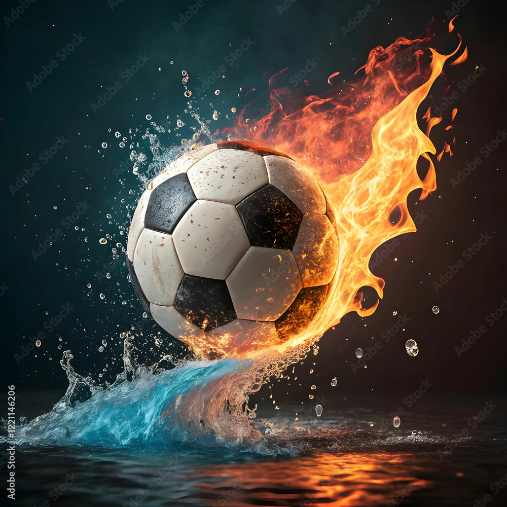 Naklejka premium soccer ball on fire rotating with water splash