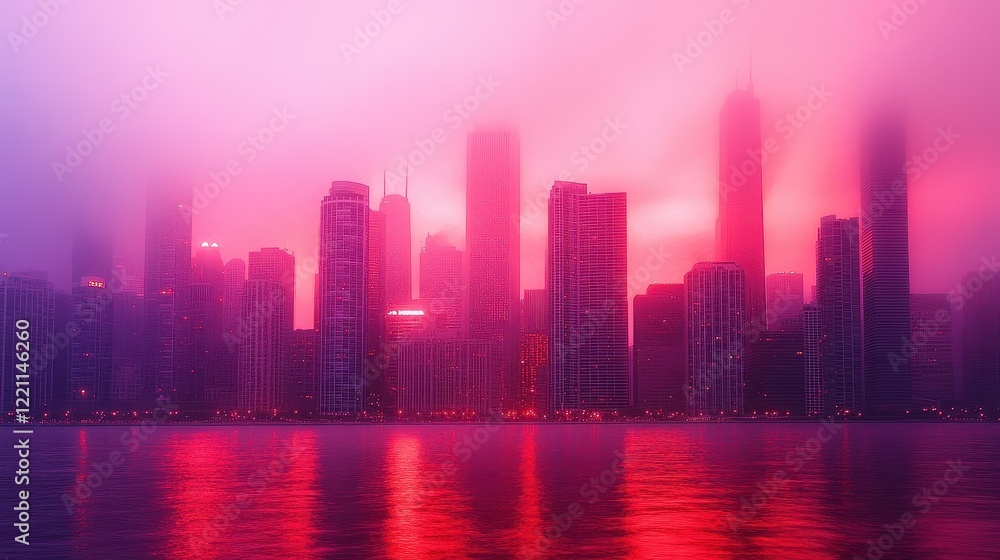 Fototapeta premium Skyline engulfed in reddish smog at twilight, surreal tones reflecting severe air pollution, [urban haze], [air quality challenges].