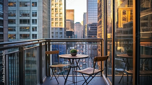 Fototapeta Naklejka Na Ścianę i Meble -  A city balcony with a small table and chairs, overlooking skyscrapers and busy streets.