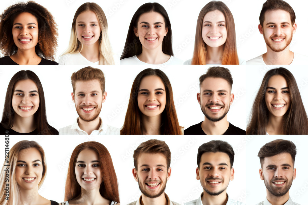 A grid with 15 people smiling in front of a plain background. Concept of diversity and happiness. A grid with 15 people smiling in front of a plain background. Concept of diversity and happiness.