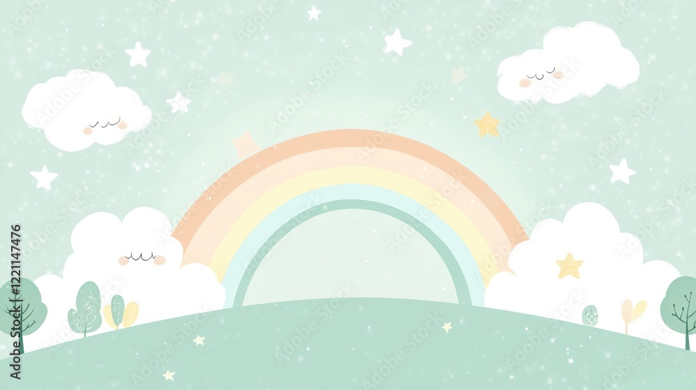 Pastel Rainbow Over Gentle Hill With Cute Clouds and Stars Pastel Rainbow Over Gentle Hill With Cute Clouds and Stars