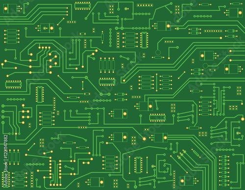 A detailed illustration of a green circuit board, showcasing complex technological circuitry.