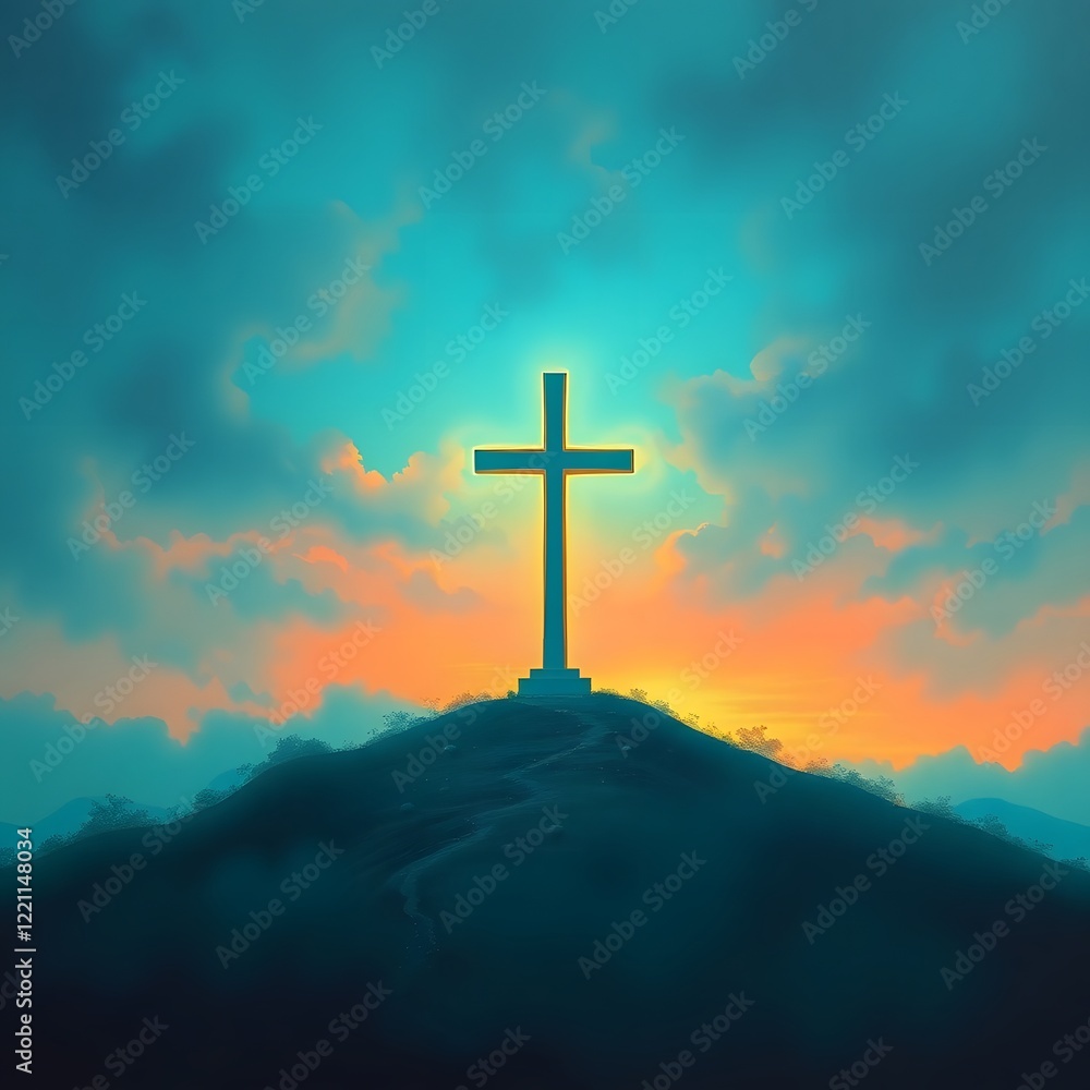 a stylized, minimalist mountain peak scene. a golden cross atop a geometric mountain peak, bathed in warm, golden light, similar to the light of a setting or rising sun. the mountain, sculpted from li a stylized, minimalist mountain peak scene. a golden cross atop a geometric mountain peak, bathed in warm, golden light, similar to the light of a setting or rising sun. the mountain, sculpted from li