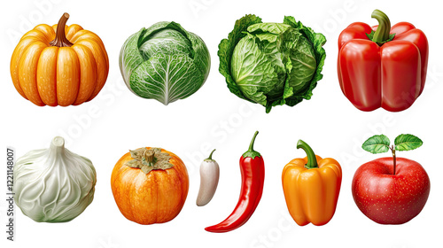 Vibrant Vegetable Collection: A vibrant collection of fresh, whole vegetables and fruits, including pumpkin, cabbage, bell peppers, garlic, persimmon, chili pepper, and apple.