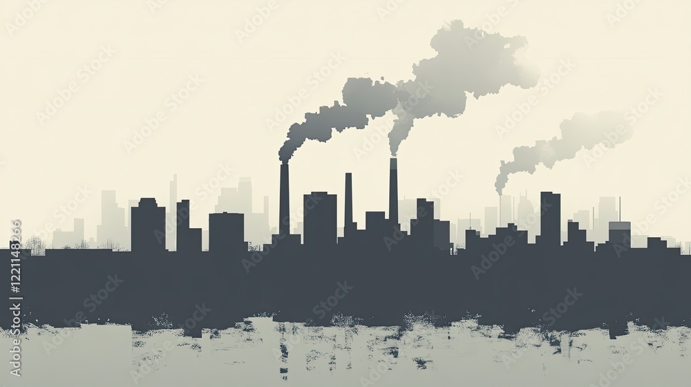 Naklejka premium Industrial Cityscape Skyline Pollution Smoke Stacks