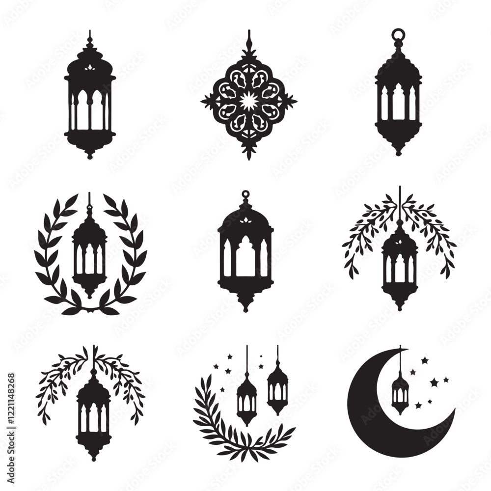 Obraz premium Islamic lantern light vector silhouette, Ramadan Islamic lanterns vector illustration Lantern Icon, Black and White, Traditional Lighting Design Islamic lantern element set for ramadan in silhouettes.