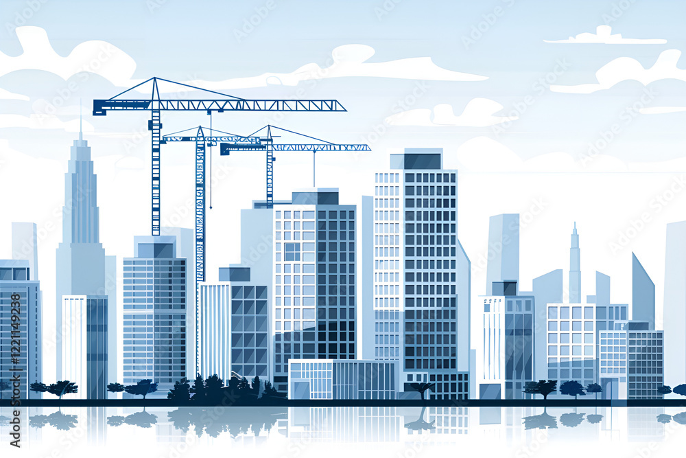 Obraz premium Stylized illustration of a city skyline under construction, cranes and modern buildings, urban development theme