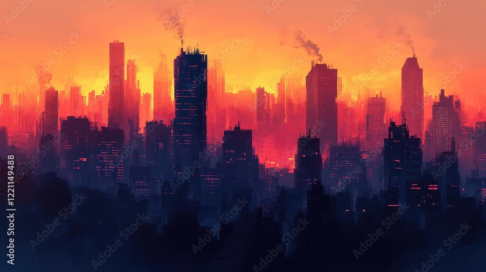 Fototapeta premium Smog-choked skyline at sunset, vibrant colors muted by air pollution, [air quality issues], [urban environment]. 