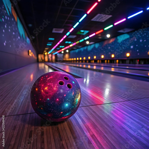 vibrant cosmic bowling ball on illuminated alley