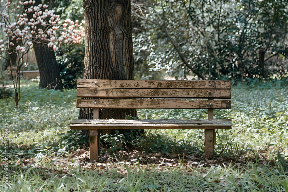Wooden bench in a tranquil garden under a tree with greenery and flowers
Wooden bench in a tranquil garden under a tree with greenery and flowers