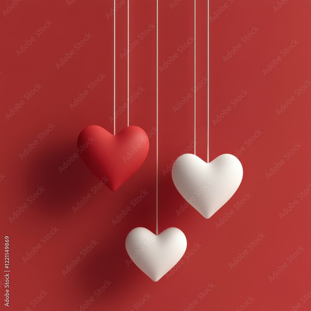 Three red and three white hearts hang from strings on red Three red and three white hearts hang from strings on red