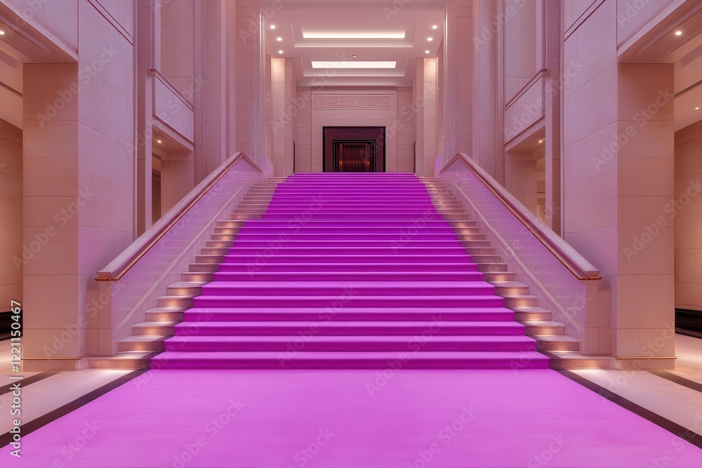Fototapeta premium Luxury hotel interiors with exclusive lighting. Modern staircase with vibrant pink lighting and elegant architecture.