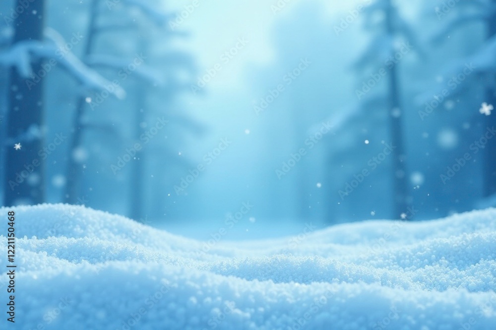 Naklejka premium Gentle snowflakes fall on the calm and serene blue wavy winter background, snowy scene, frosty atmosphere