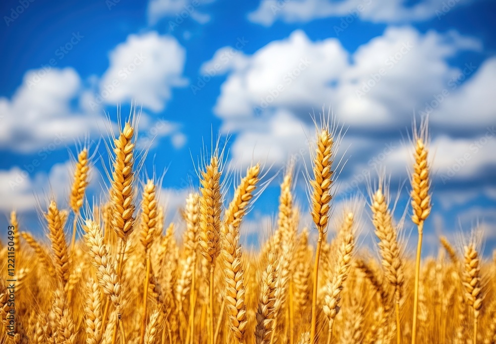 Fototapeta premium Close up of a wheat field with a blue sky background