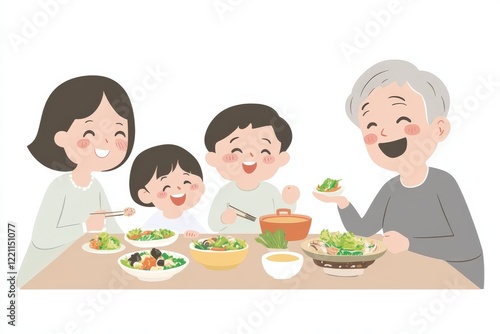 A family is happily preparing delicious food together in a kitchen