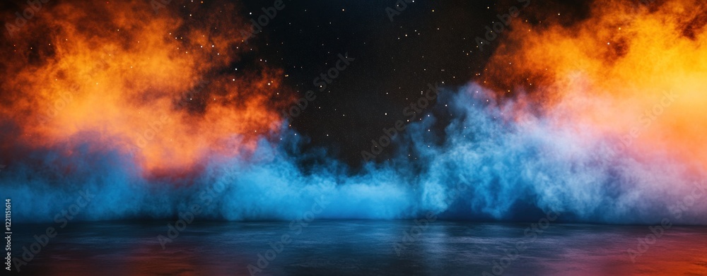 Fototapeta premium Abstract Night Scene with Blue and Orange Smoke, Cosmic Backdrop