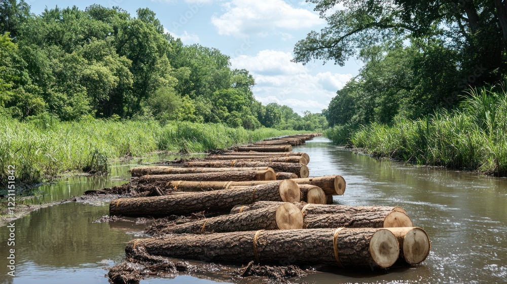River Logs Form Natural Dam In Wooded Area River Logs Form Natural Dam In Wooded Area