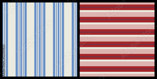 Maritime set of striped seamless repeat pattern in red and blue. Bundle of vertical and horizontal nautical lines aop, all over surface prints.