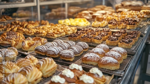 A large-scale bakery factory producing pastries and packaging them for distribution. photo