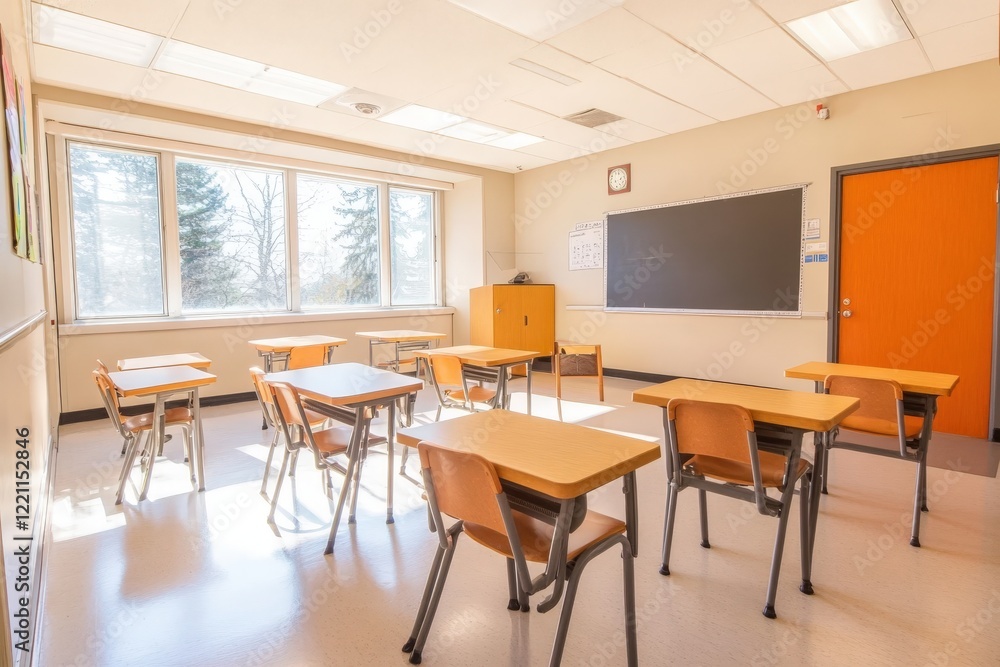 A classroom that is completely empty, featuring rows of desks and chairs A classroom that is completely empty, featuring rows of desks and chairs