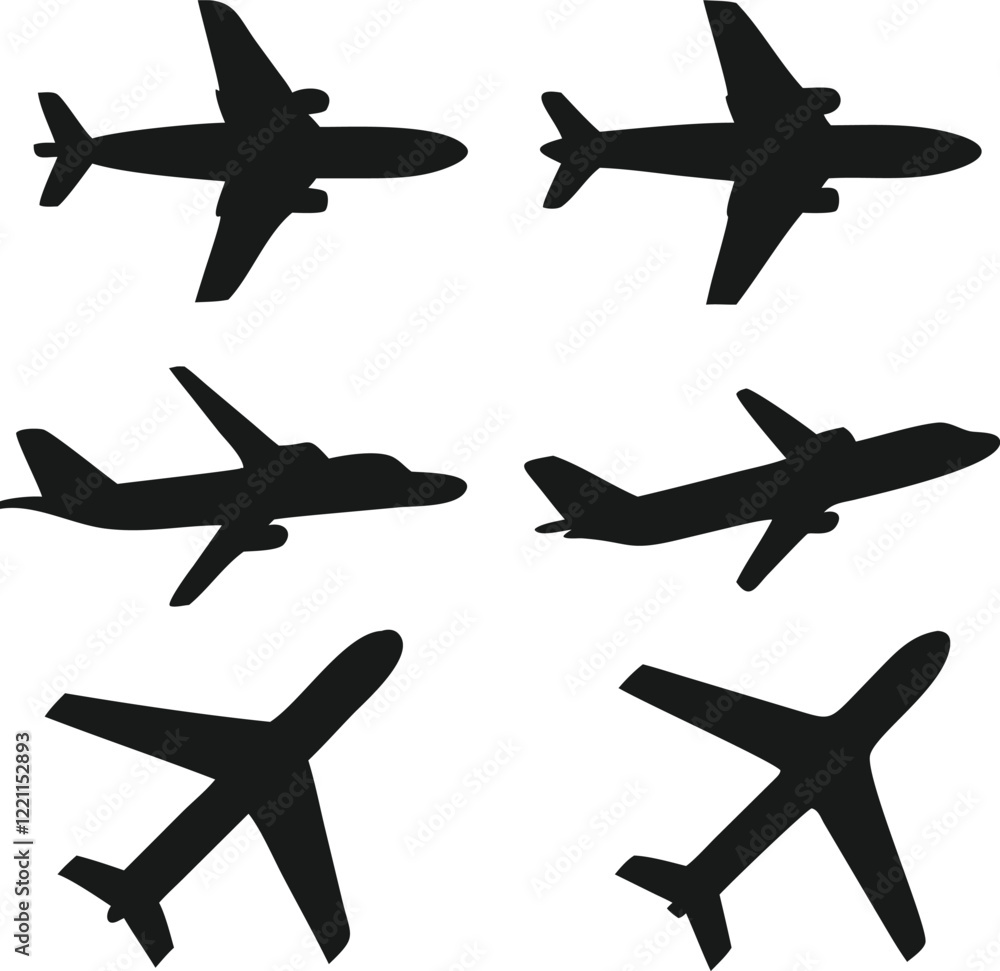 Simple black silhouettes of various airplanes. Simple black silhouettes of various airplanes.