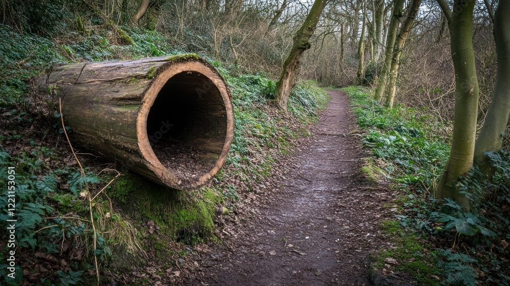 Hollowed Log Beside Woodland Path Through Trees Hollowed Log Beside Woodland Path Through Trees