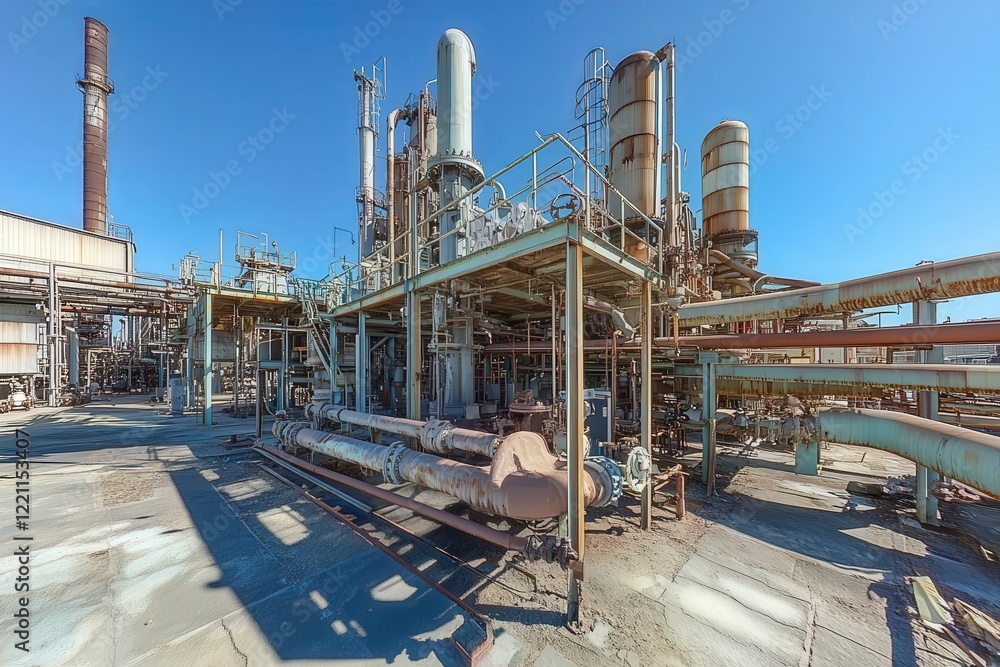 Fototapeta premium A large collection of pipes is running through a factory space