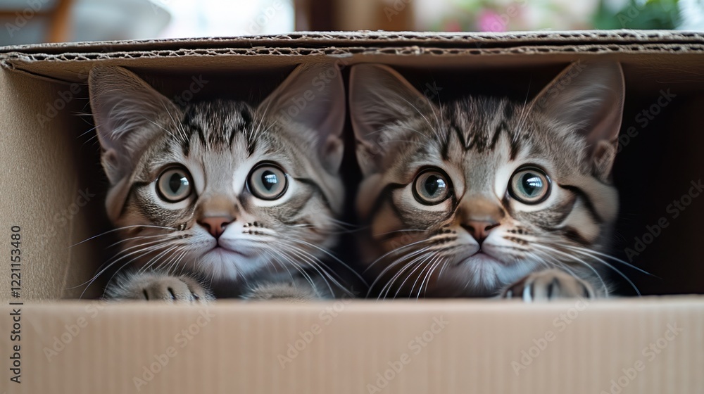 Kittens hiding cardboard box home interior Kittens hiding cardboard box home interior