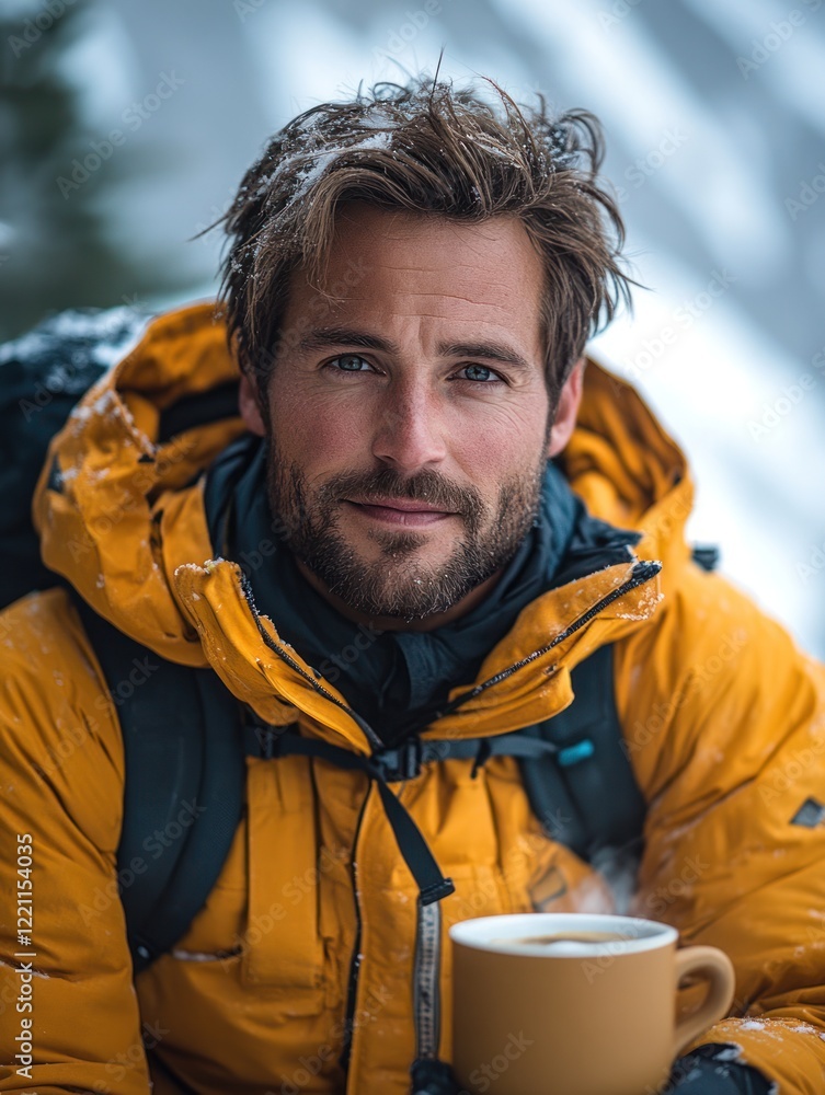 Smiling Adventurer Enjoying a Warm Drink in Snowy Mountains Smiling Adventurer Enjoying a Warm Drink in Snowy Mountains
