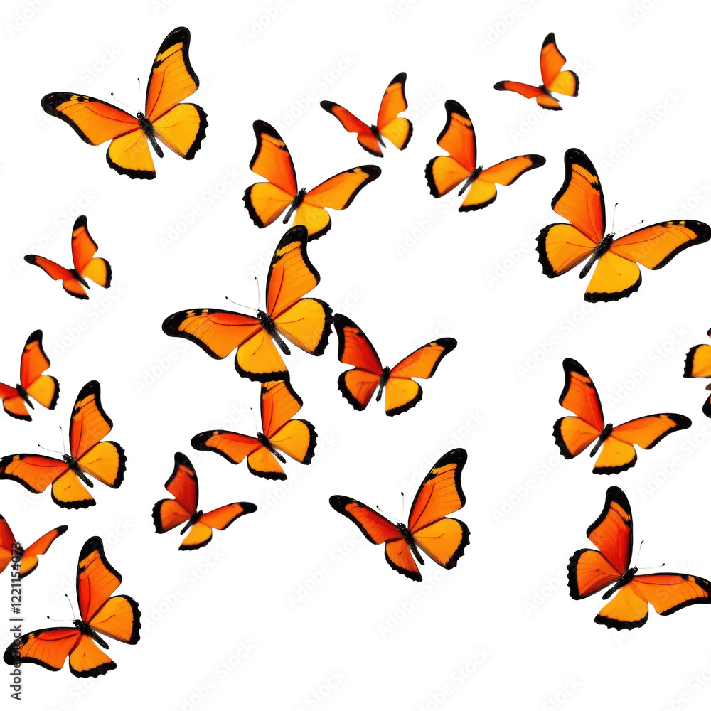 A cluster of small orange butterflies in flight, positioned against a crisp white background for a dynamic and lively effect. A cluster of small orange butterflies in flight, positioned against a crisp white background for a dynamic and lively effect.