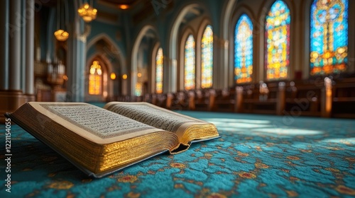 Open Bible in Church, Stained Glass Background photo