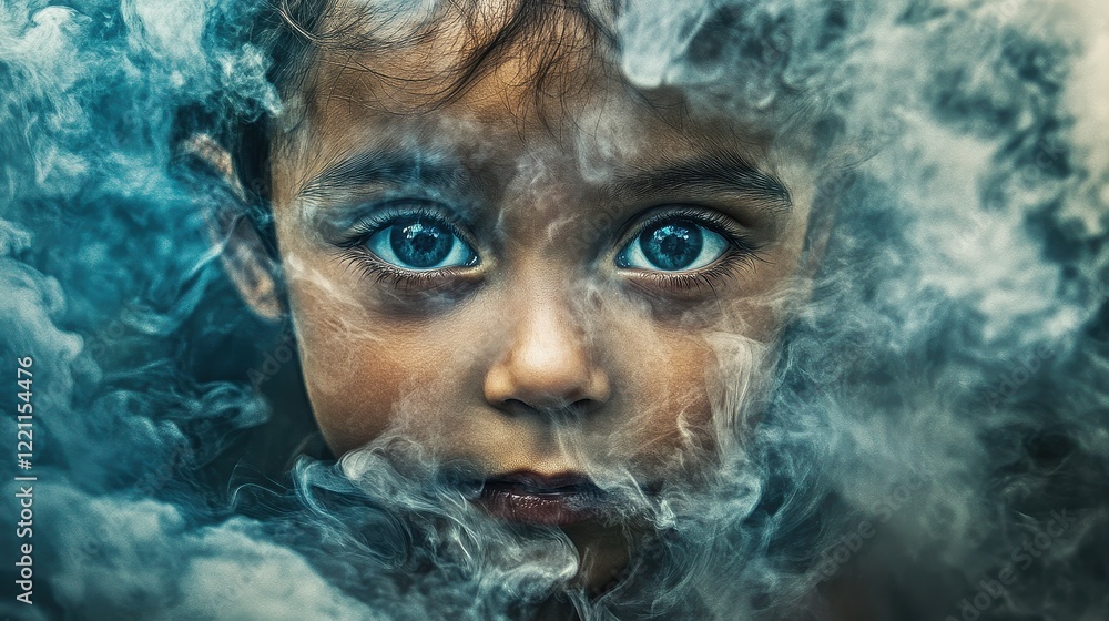 Swirling industrial smoke creating an ominous child's face, Abstract representation of pollution. Swirling industrial smoke creating an ominous child's face, Abstract representation of pollution.
