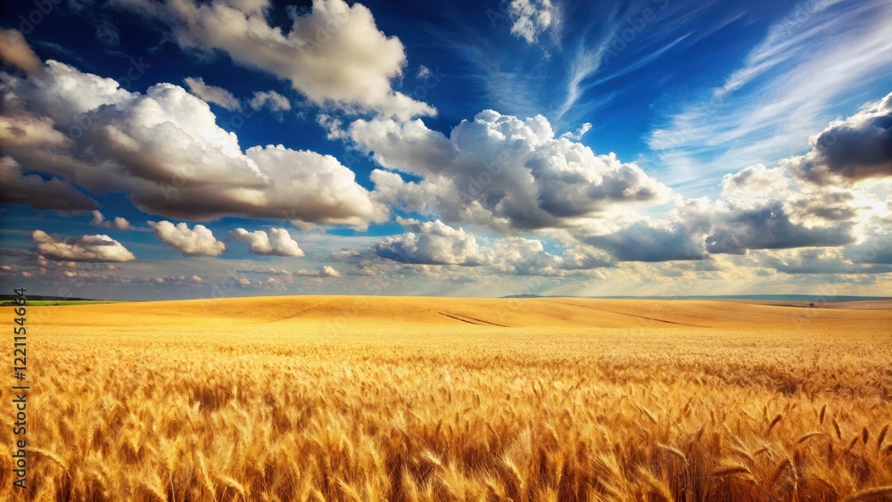 A vast expanse of golden wheat fields under a bright sunny sky with few white puffy clouds scattered across it, agricultural landscape, golden wheat field A vast expanse of golden wheat fields under a bright sunny sky with few white puffy clouds scattered across it, agricultural landscape, golden wheat field