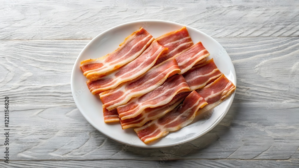 Smoked Bacon Slices on White Plate Ready for Grilling , sliced, meal, sliced, meal, food, ready, cooking, side dish Smoked Bacon Slices on White Plate Ready for Grilling , sliced, meal, sliced, meal, food, ready, cooking, side dish