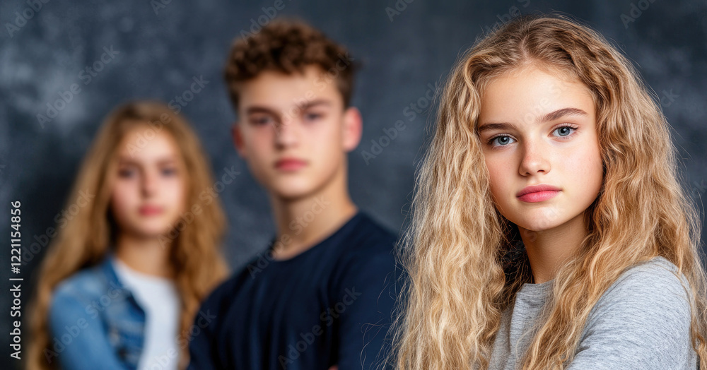 Fototapeta premium Three caucasian teenagers posing against dark background, serious expressions