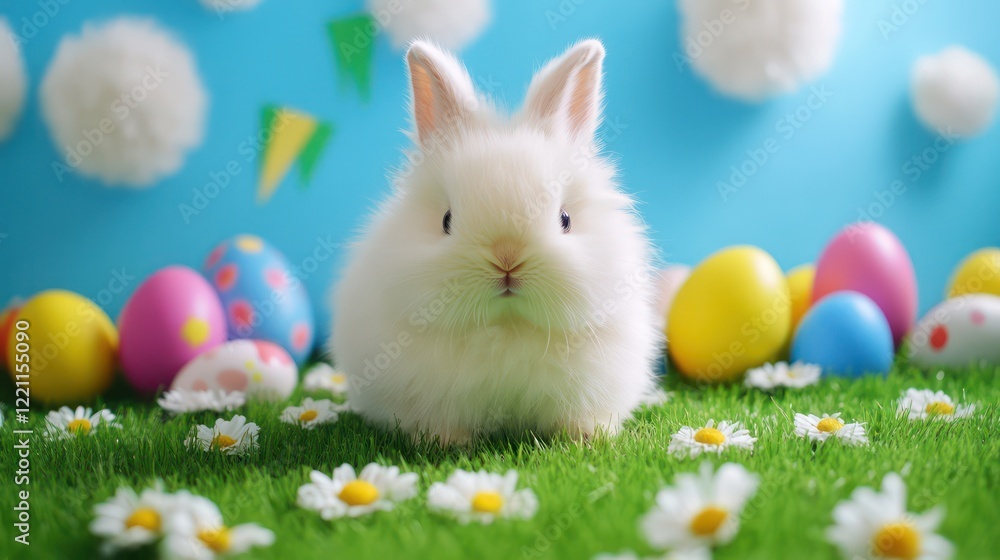 Fototapeta premium A fluffy white bunny sitting on green grass with scattered Easter eggs and bright daisies