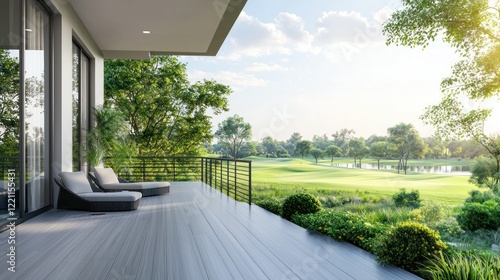 Fototapeta Naklejka Na Ścianę i Meble -  A modern luxury balcony overlooking a golf course or landscaped garden.