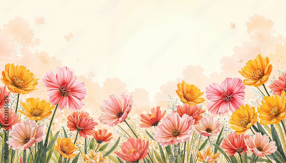 Obraz premium Field of colorful flowers on pastel background