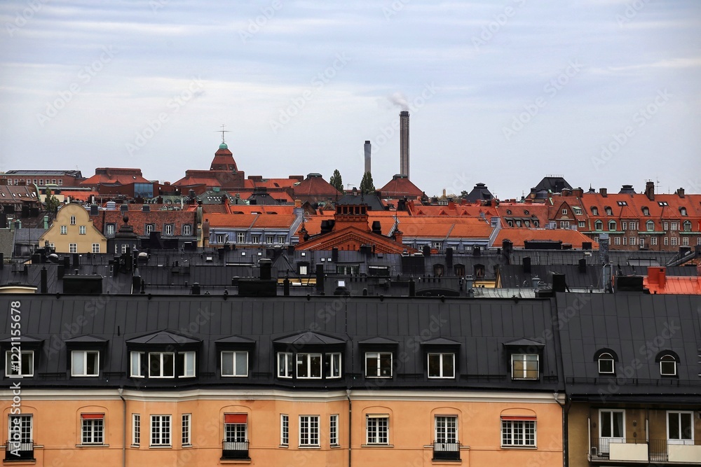 Rooftop cityscape with chimneys in stockholm, showcasing red-tiled roofs and urban density