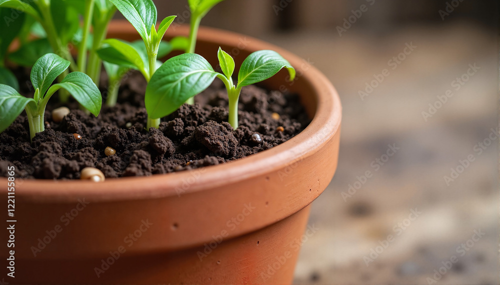 Little green seedlings growing in a pot, Garden Preparation Theme Little green seedlings growing in a pot, Garden Preparation Theme