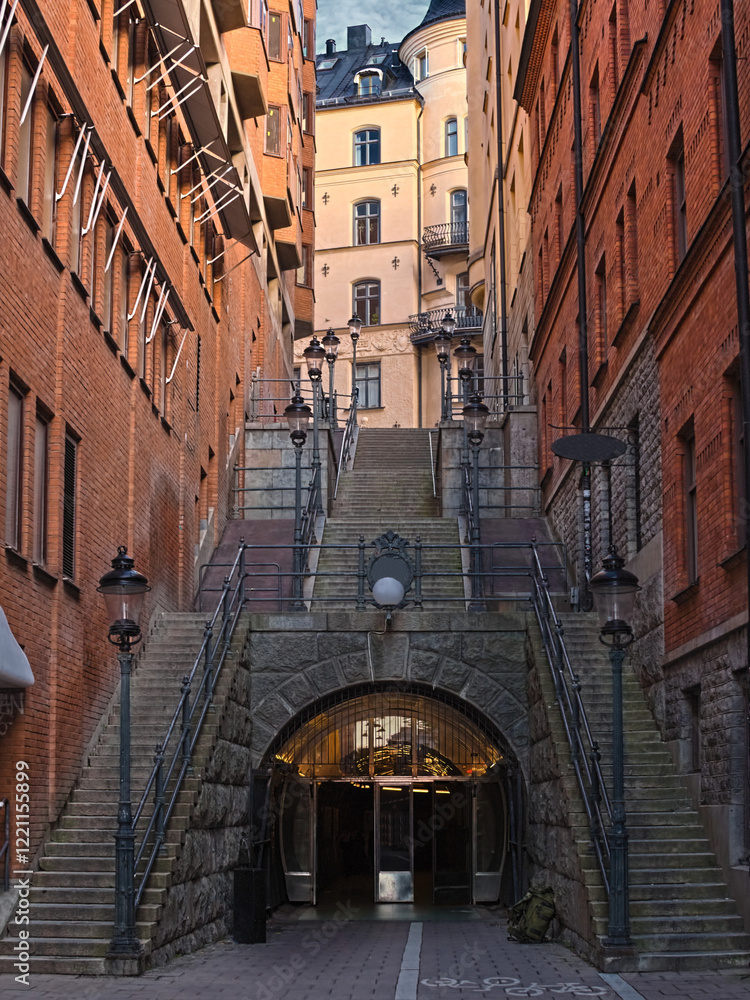 No people can be seen on stone staircase in a narrow alleyway above Brunkebergstunneln in Stockholm