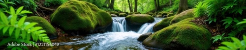 Gentle stream flow over mossy rocks and ferns, landscape, green